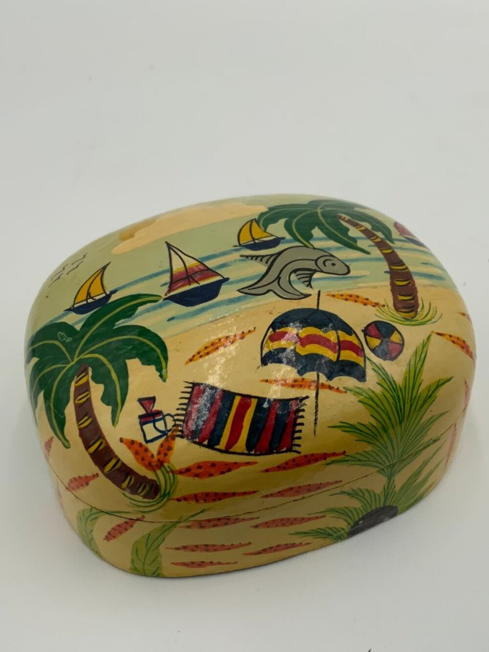 Hand-Painted Paper Mache Trinket Box Beach Boats Fish India Vtg Boho 3 3/4"